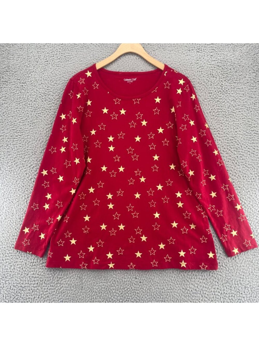 Coldwater Creek Top Womens Large Red Cotton Tee Embroidery Long Sleeve Christmas